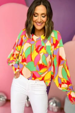 Hot Dear-Lover Abstract Print Puff Sleeve Blouse Yellow