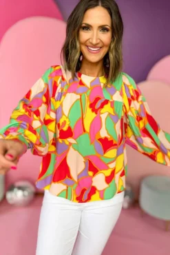 Hot Dear-Lover Abstract Print Puff Sleeve Blouse Yellow