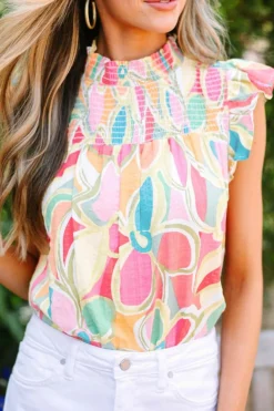 Best Dear-Lover Abstract Print Smocked Collar Ruffled Sleeve Blouse Yellow