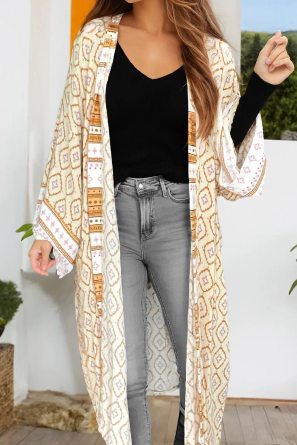 Discount Dear-Lover Bohemian Geometric Printed Loose Sleeve Long Kimono Yellow