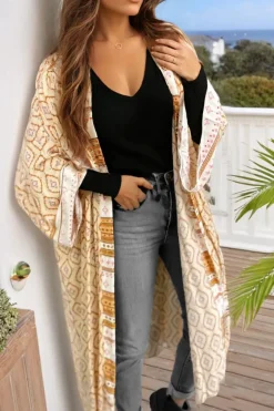 Discount Dear-Lover Bohemian Geometric Printed Loose Sleeve Long Kimono Yellow