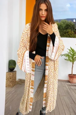 Discount Dear-Lover Bohemian Geometric Printed Loose Sleeve Long Kimono Yellow