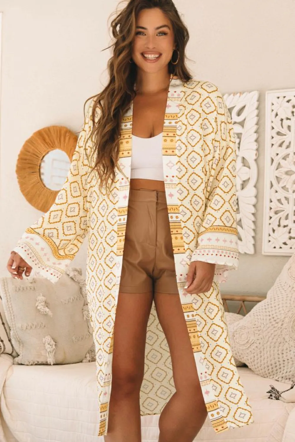 Discount Dear-Lover Bohemian Geometric Printed Loose Sleeve Long Kimono Yellow