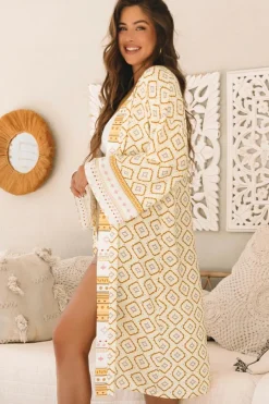 Discount Dear-Lover Bohemian Geometric Printed Loose Sleeve Long Kimono Yellow