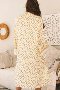 Discount Dear-Lover Bohemian Geometric Printed Loose Sleeve Long Kimono Yellow