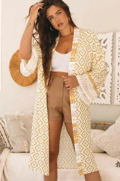 Discount Dear-Lover Bohemian Geometric Printed Loose Sleeve Long Kimono Yellow