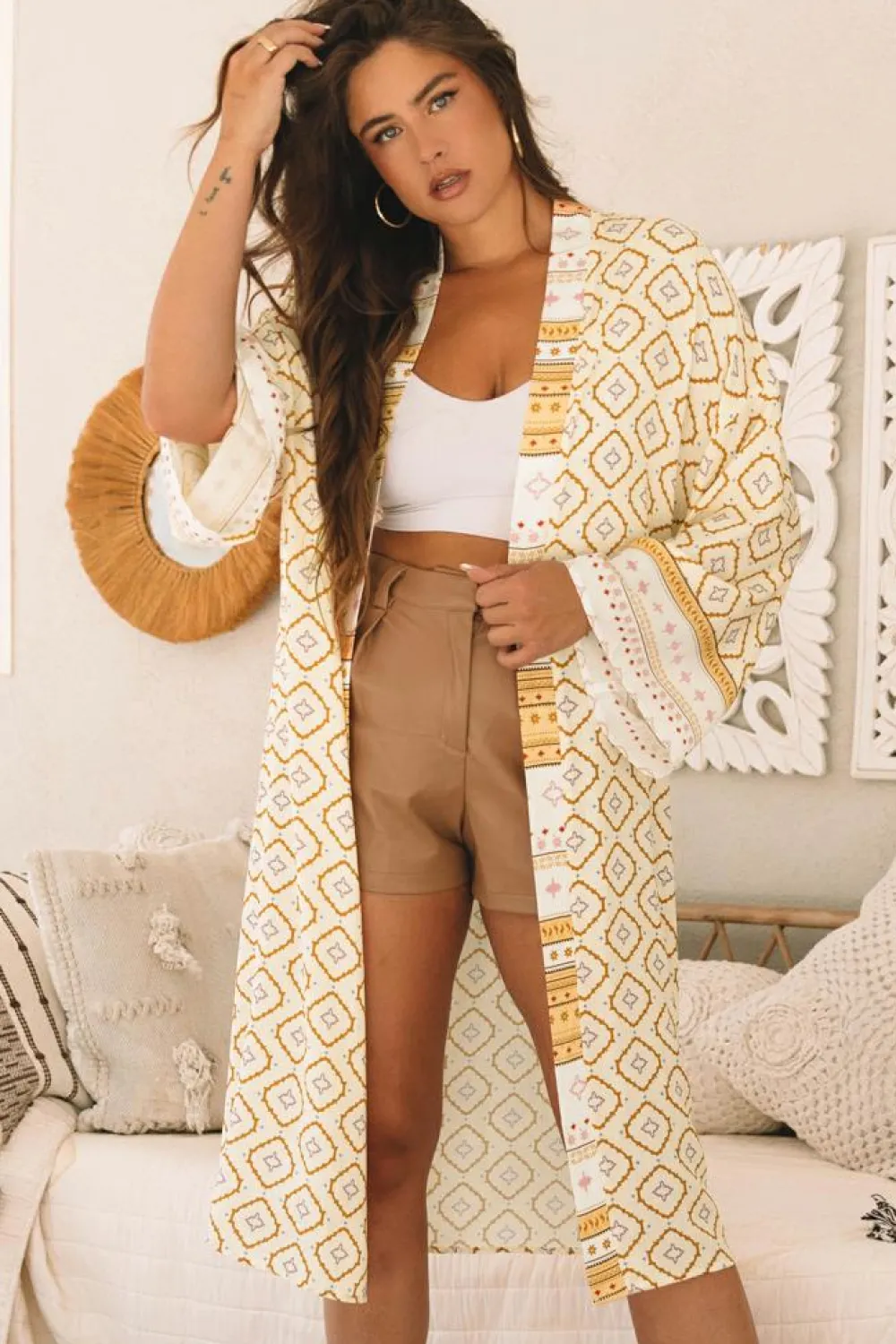 Discount Dear-Lover Bohemian Geometric Printed Loose Sleeve Long Kimono Yellow