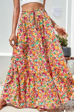 Clearance Dear-Lover Boho Floral Print Tiered Long Skirt Yellow