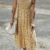 Sale Dear-Lover Boho Floral Print Ruffle Smocked Flowy Summer Dress Yellow