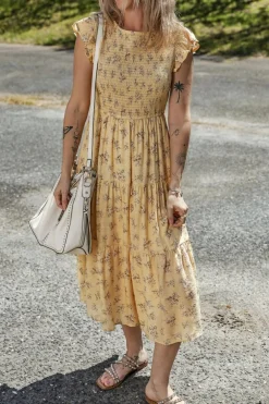Sale Dear-Lover Boho Floral Print Ruffle Smocked Flowy Summer Dress Yellow