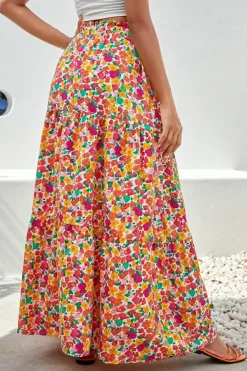 Clearance Dear-Lover Boho Floral Print Tiered Long Skirt Yellow