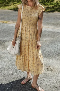 Sale Dear-Lover Boho Floral Print Ruffle Smocked Flowy Summer Dress Yellow