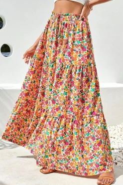 Clearance Dear-Lover Boho Floral Print Tiered Long Skirt Yellow