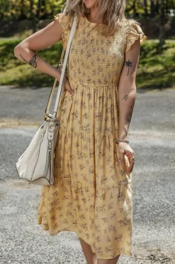 Sale Dear-Lover Boho Floral Print Ruffle Smocked Flowy Summer Dress Yellow