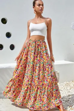 Clearance Dear-Lover Boho Floral Print Tiered Long Skirt Yellow