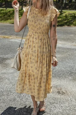 Sale Dear-Lover Boho Floral Print Ruffle Smocked Flowy Summer Dress Yellow
