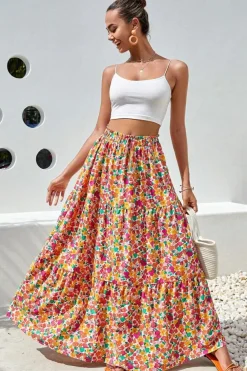 Clearance Dear-Lover Boho Floral Print Tiered Long Skirt Yellow