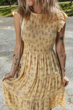 Sale Dear-Lover Boho Floral Print Ruffle Smocked Flowy Summer Dress Yellow