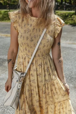 Sale Dear-Lover Boho Floral Print Ruffle Smocked Flowy Summer Dress Yellow