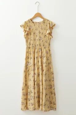 Sale Dear-Lover Boho Floral Print Ruffle Smocked Flowy Summer Dress Yellow