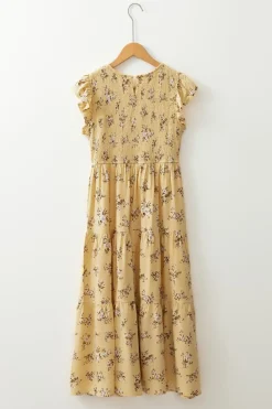 Sale Dear-Lover Boho Floral Print Ruffle Smocked Flowy Summer Dress Yellow
