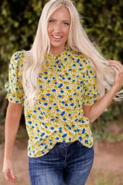Hot Dear-Lover Boho Floral Ruffle Short Sleeve Frill Mock Neck Blouse Yellow