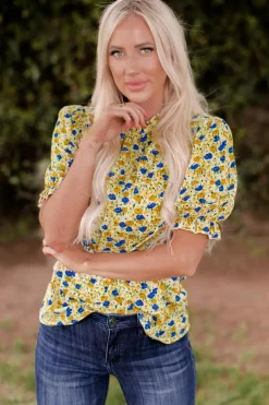 Hot Dear-Lover Boho Floral Ruffle Short Sleeve Frill Mock Neck Blouse Yellow