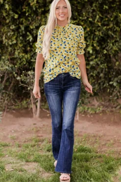 Hot Dear-Lover Boho Floral Ruffle Short Sleeve Frill Mock Neck Blouse Yellow