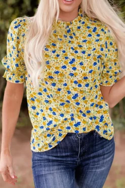 Hot Dear-Lover Boho Floral Ruffle Short Sleeve Frill Mock Neck Blouse Yellow