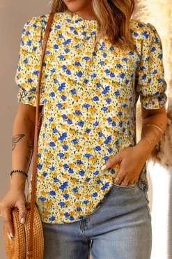Hot Dear-Lover Boho Floral Ruffle Short Sleeve Frill Mock Neck Blouse Yellow