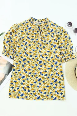 Hot Dear-Lover Boho Floral Ruffle Short Sleeve Frill Mock Neck Blouse Yellow