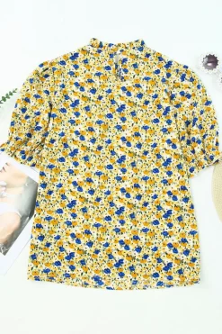 Hot Dear-Lover Boho Floral Ruffle Short Sleeve Frill Mock Neck Blouse Yellow