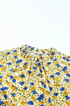 Hot Dear-Lover Boho Floral Ruffle Short Sleeve Frill Mock Neck Blouse Yellow