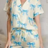 Hot Dear-Lover Bow Printed Short Sleeve Shirt Shorts Pajama Set Yellow