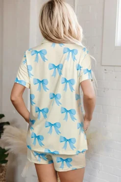 Hot Dear-Lover Bow Printed Short Sleeve Shirt Shorts Pajama Set Yellow