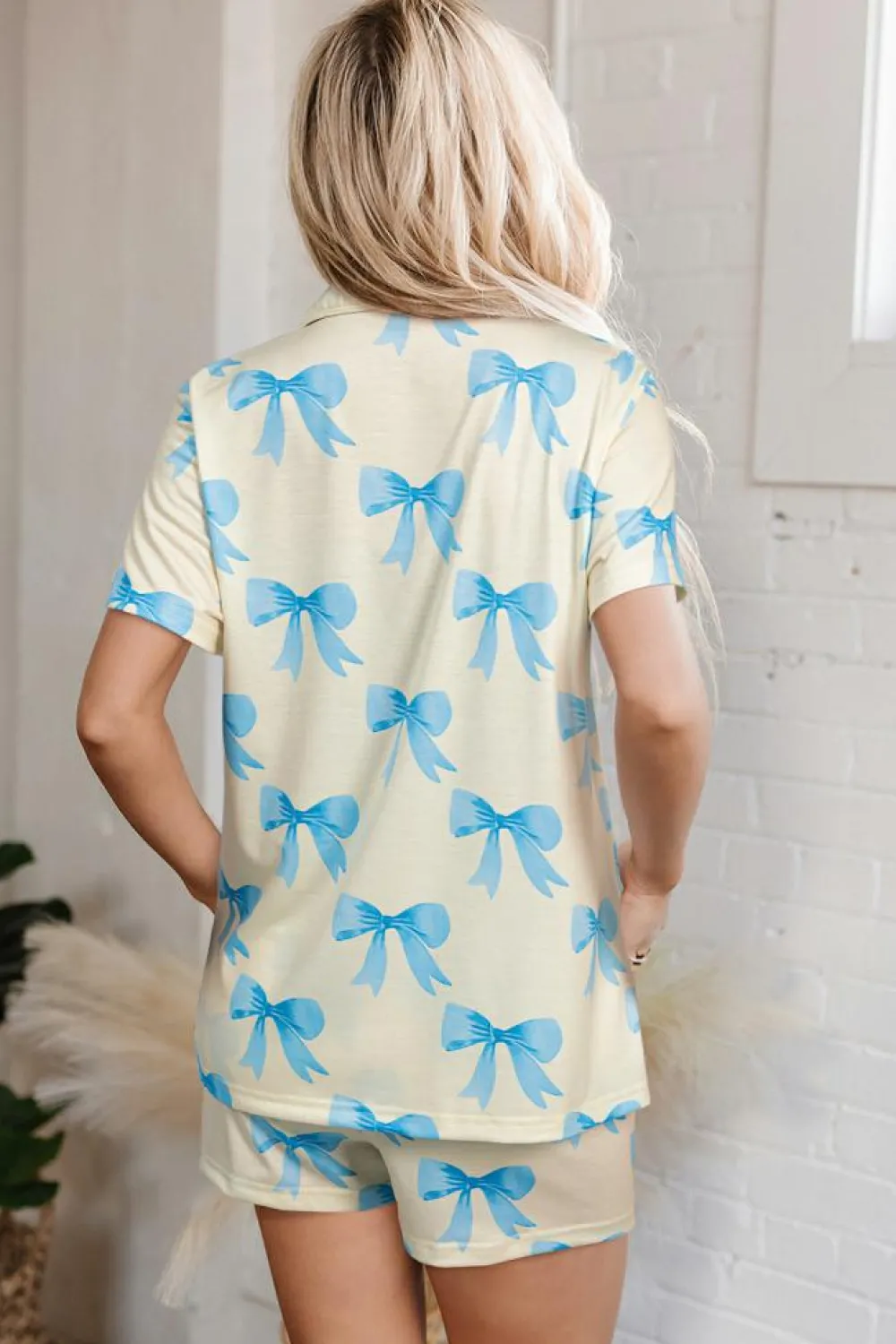 Hot Dear-Lover Bow Printed Short Sleeve Shirt Shorts Pajama Set Yellow