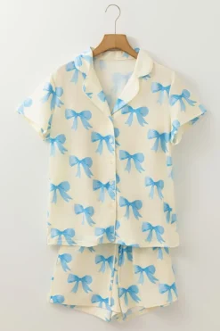 Hot Dear-Lover Bow Printed Short Sleeve Shirt Shorts Pajama Set Yellow
