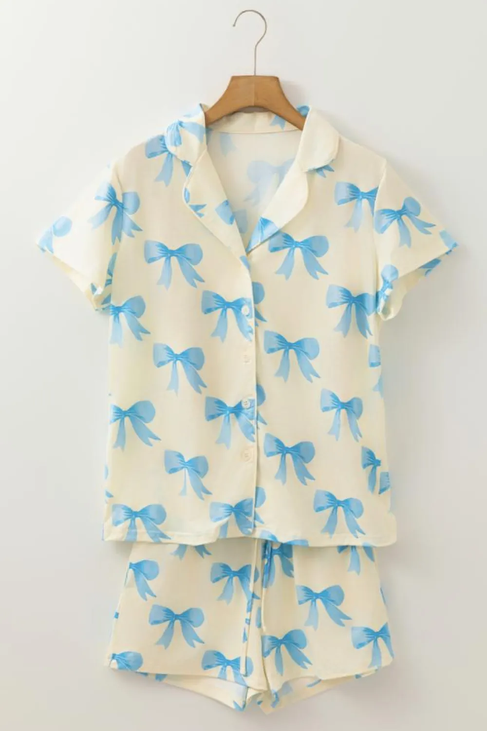 Hot Dear-Lover Bow Printed Short Sleeve Shirt Shorts Pajama Set Yellow