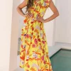 New Dear-Lover Cheetah Plant Print Shirred Button V Neck Maxi Dress Yellow