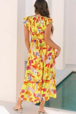 New Dear-Lover Cheetah Plant Print Shirred Button V Neck Maxi Dress Yellow