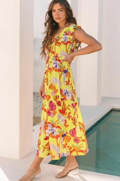 New Dear-Lover Cheetah Plant Print Shirred Button V Neck Maxi Dress Yellow