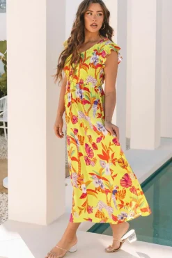 New Dear-Lover Cheetah Plant Print Shirred Button V Neck Maxi Dress Yellow