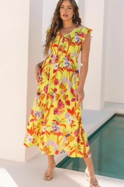 New Dear-Lover Cheetah Plant Print Shirred Button V Neck Maxi Dress Yellow