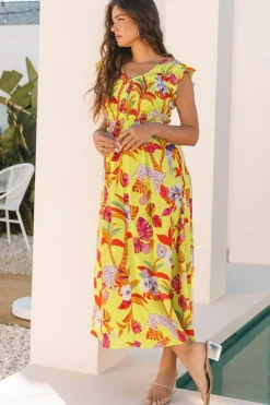 New Dear-Lover Cheetah Plant Print Shirred Button V Neck Maxi Dress Yellow