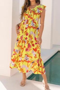 New Dear-Lover Cheetah Plant Print Shirred Button V Neck Maxi Dress Yellow
