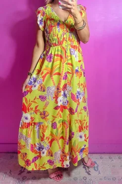 New Dear-Lover Cheetah Plant Print Shirred Button V Neck Maxi Dress Yellow