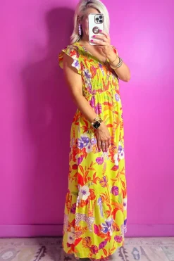 New Dear-Lover Cheetah Plant Print Shirred Button V Neck Maxi Dress Yellow