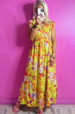 New Dear-Lover Cheetah Plant Print Shirred Button V Neck Maxi Dress Yellow