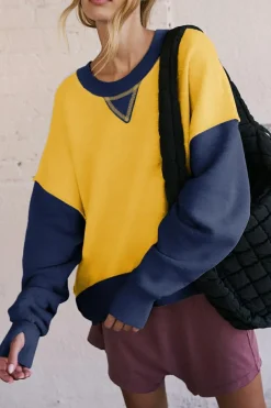 Fashion Dear-Lover Color Block Thumbhole Sleeve Drop Shoulder Sweatshirt Yellow