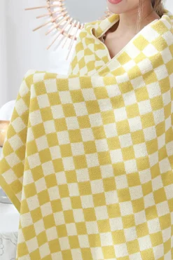 Sale Dear-Lover Checkered Print Soft Large Bath Towel Yellow Cream